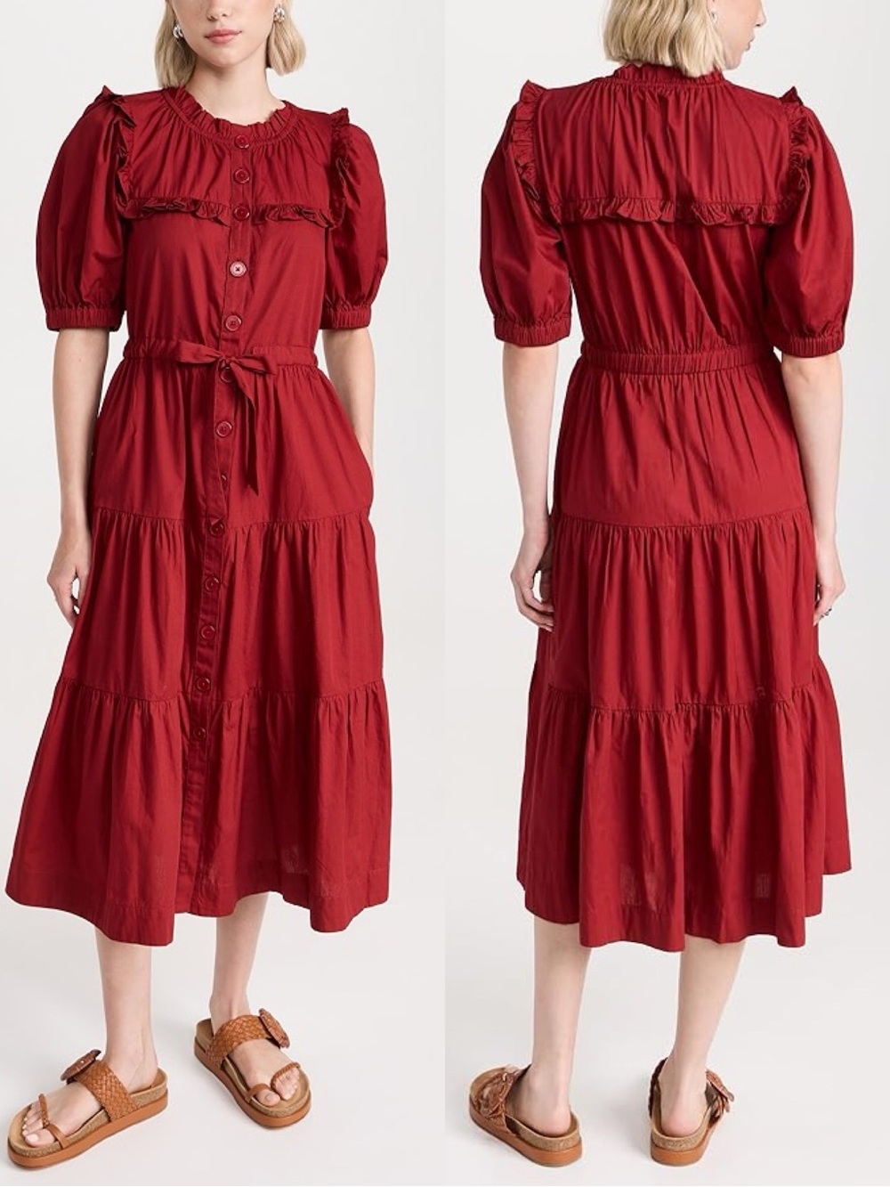 Sea Sibylle Tiered Dress Button Front Midi Deep Red Prairie Cotton Size Medium